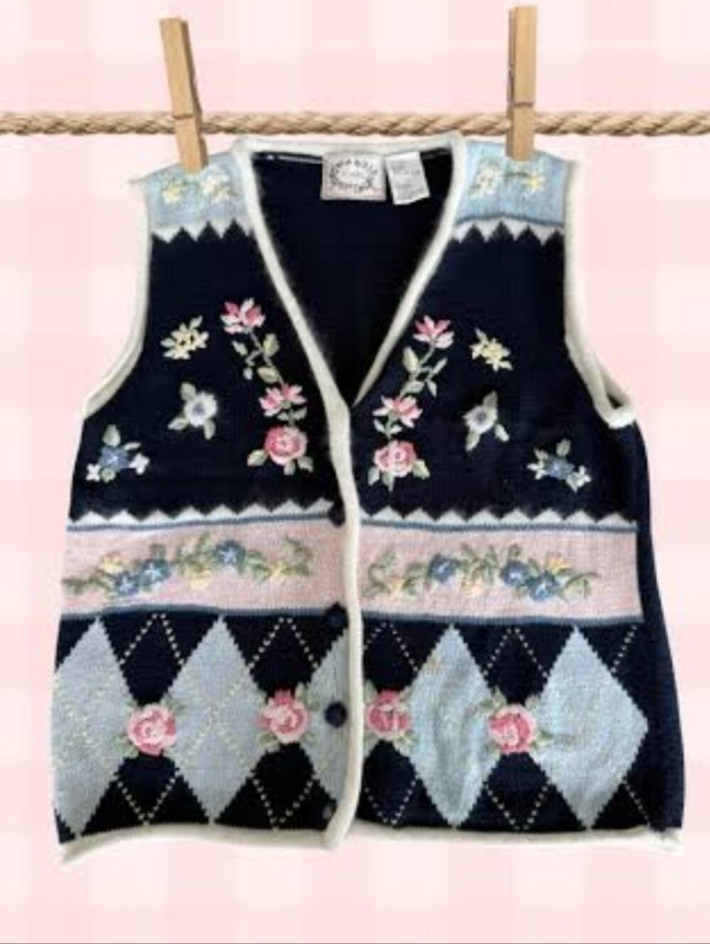 Erika Floral Cottagecore 90s Cardigan Vest Knit Floral Grandmacore Navy Pink M